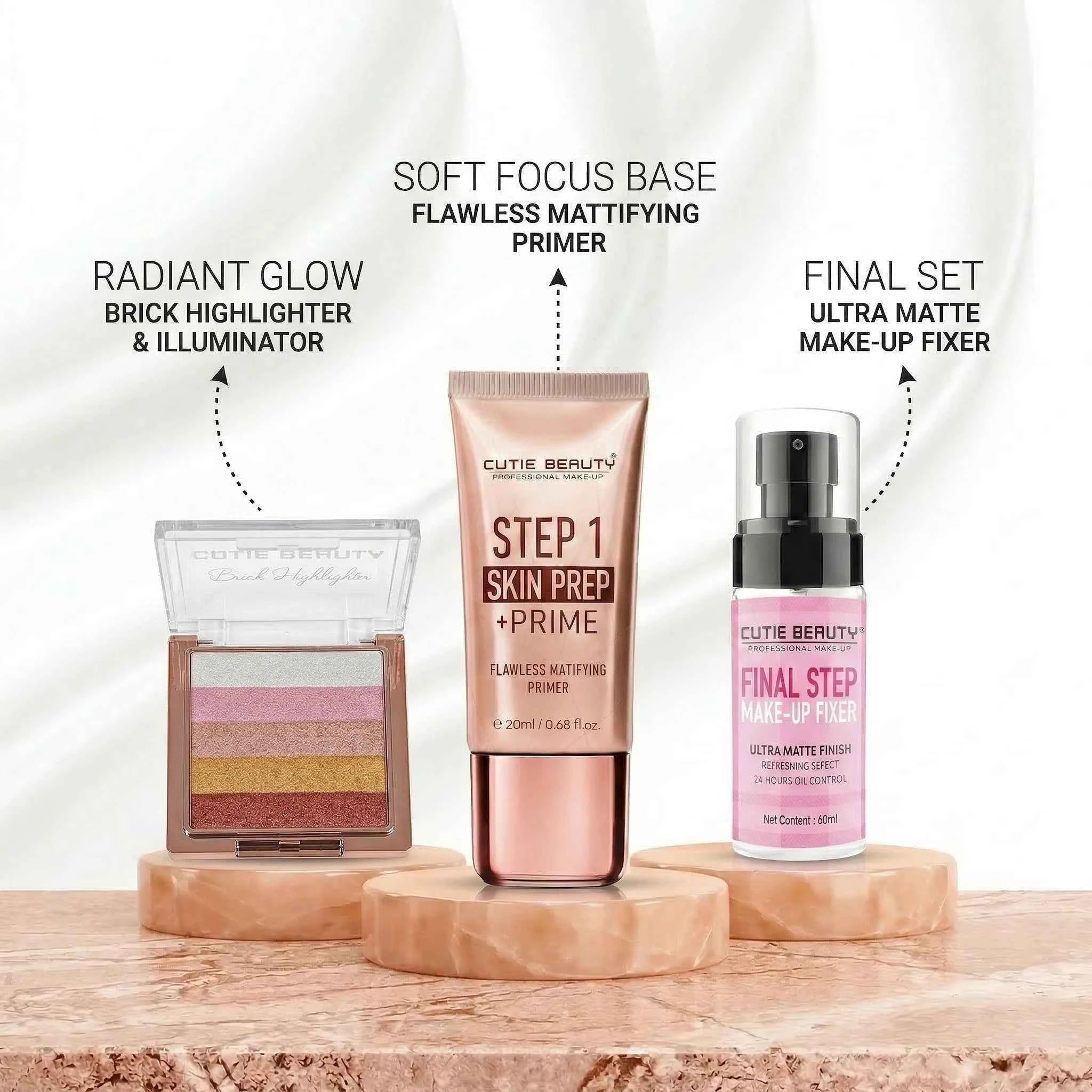 Brick Highlighter Primer Fixer Combo - Professional Glow Base Makeup Kit (Pack of 3)