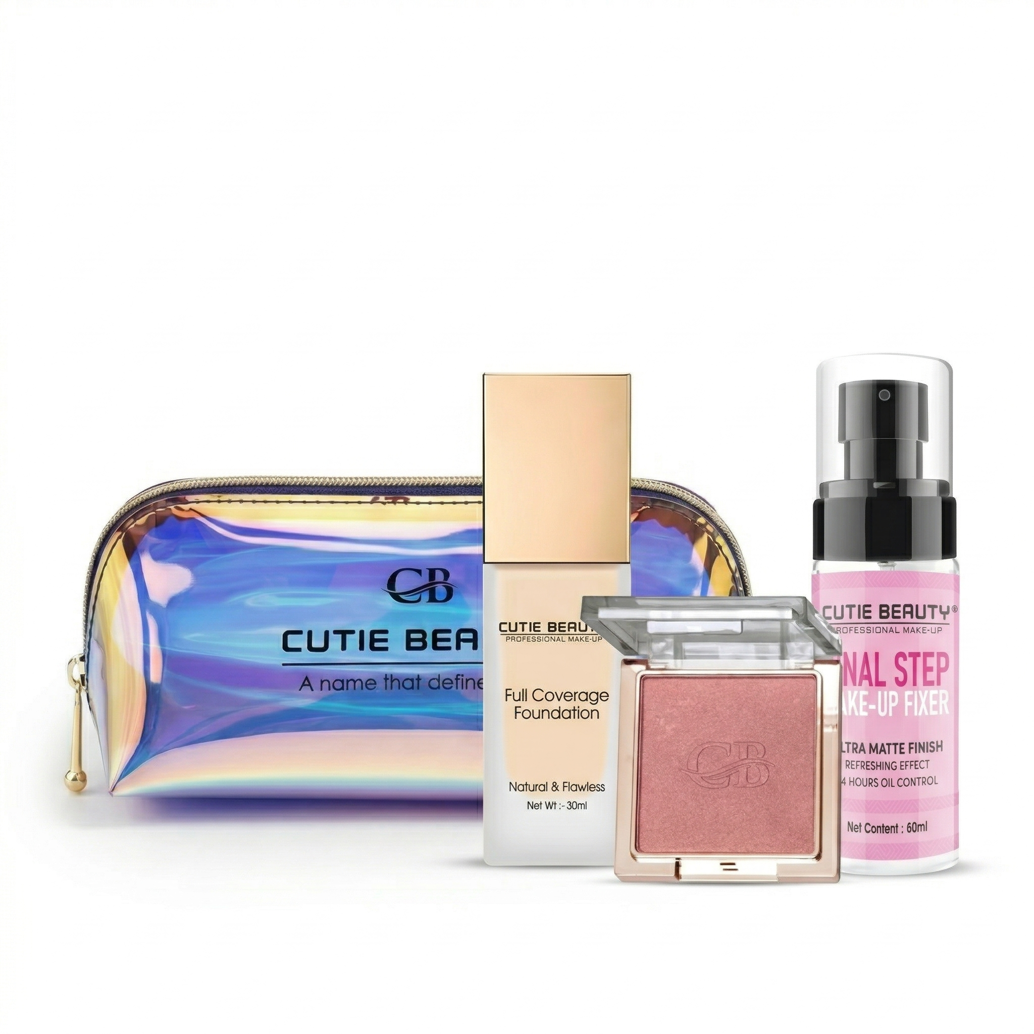 Cutie Beauty Full Coverage Foundation, Blush & Fixer Spray Combo with Free Holographic Pouch