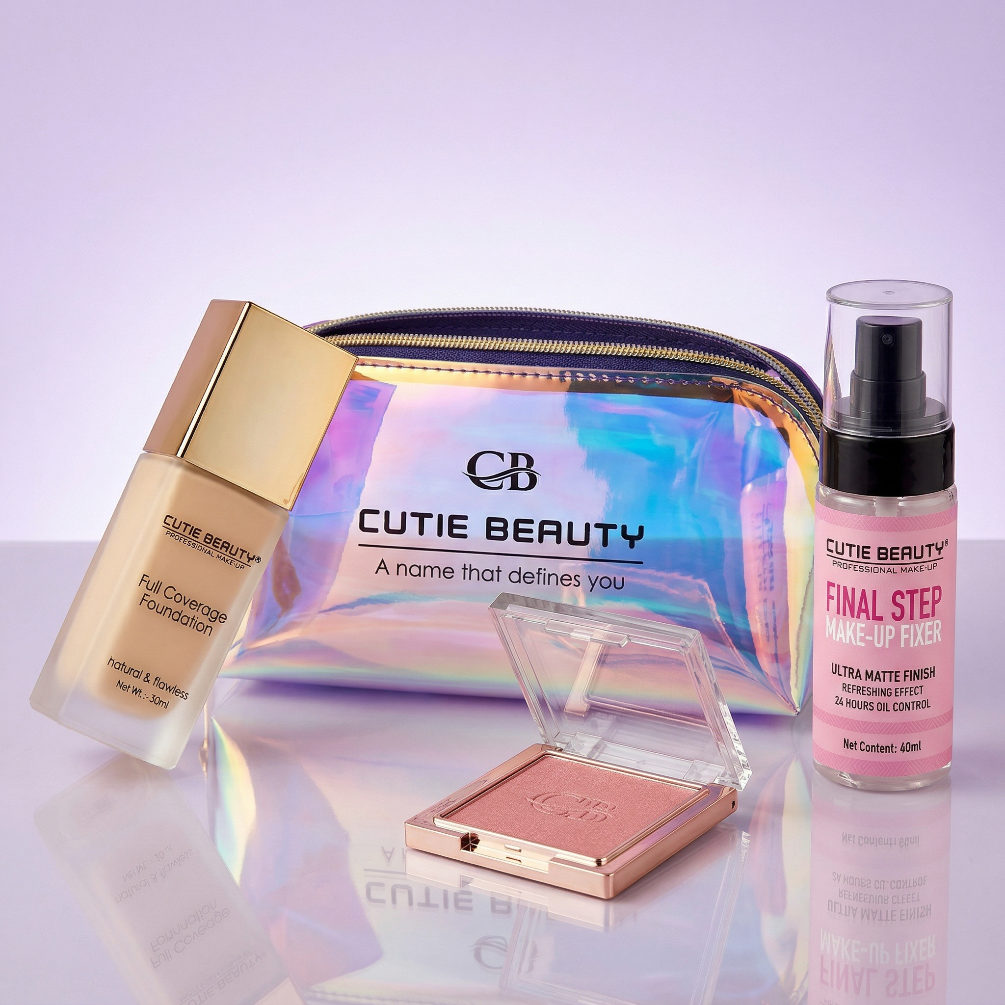 Cutie Beauty Full Coverage Foundation, Blush & Fixer Spray Combo with Free Holographic Pouch
