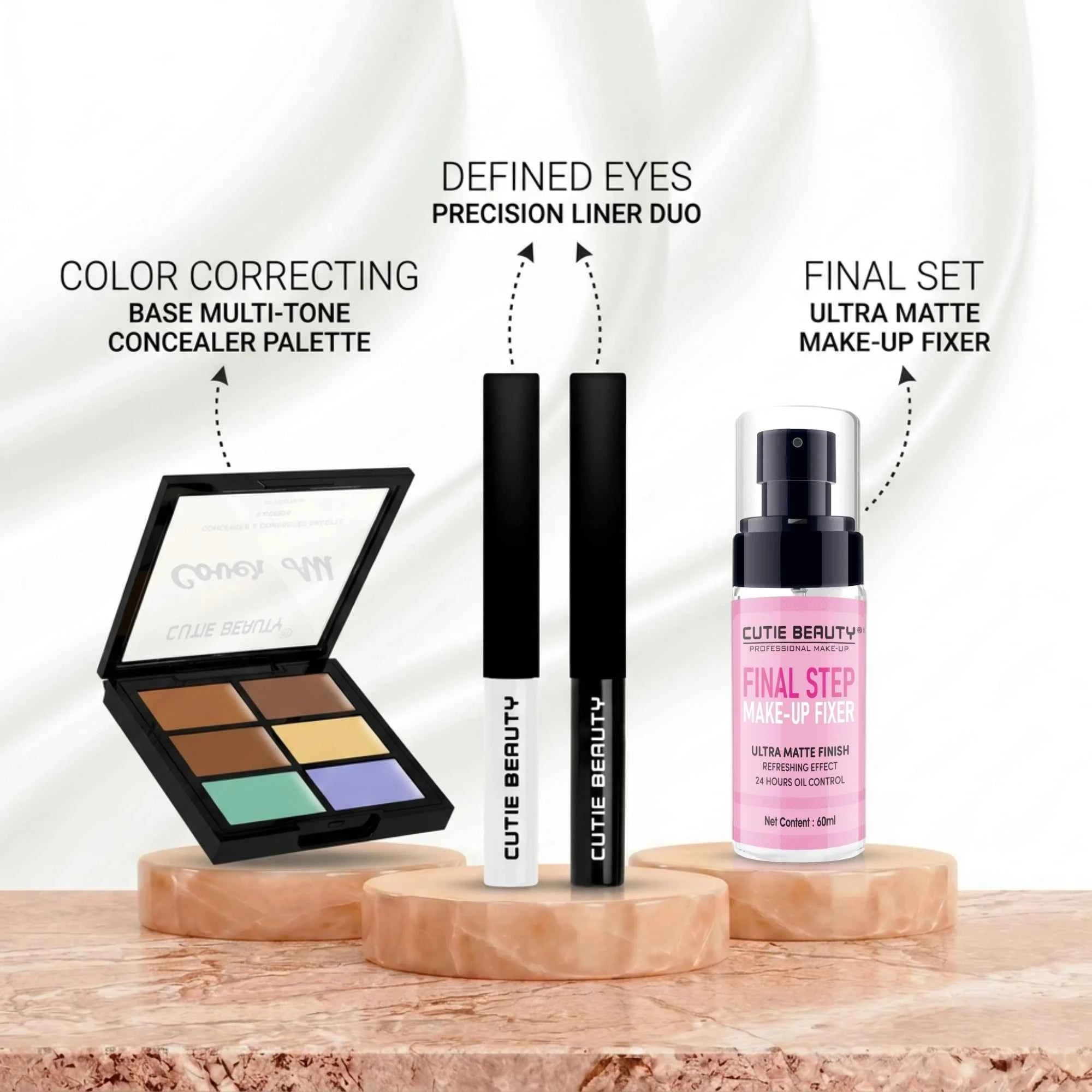 Concealer Palette, Precision Liner Duo & Fixer Combo - Professional Makeup Kit (Pack of 3)