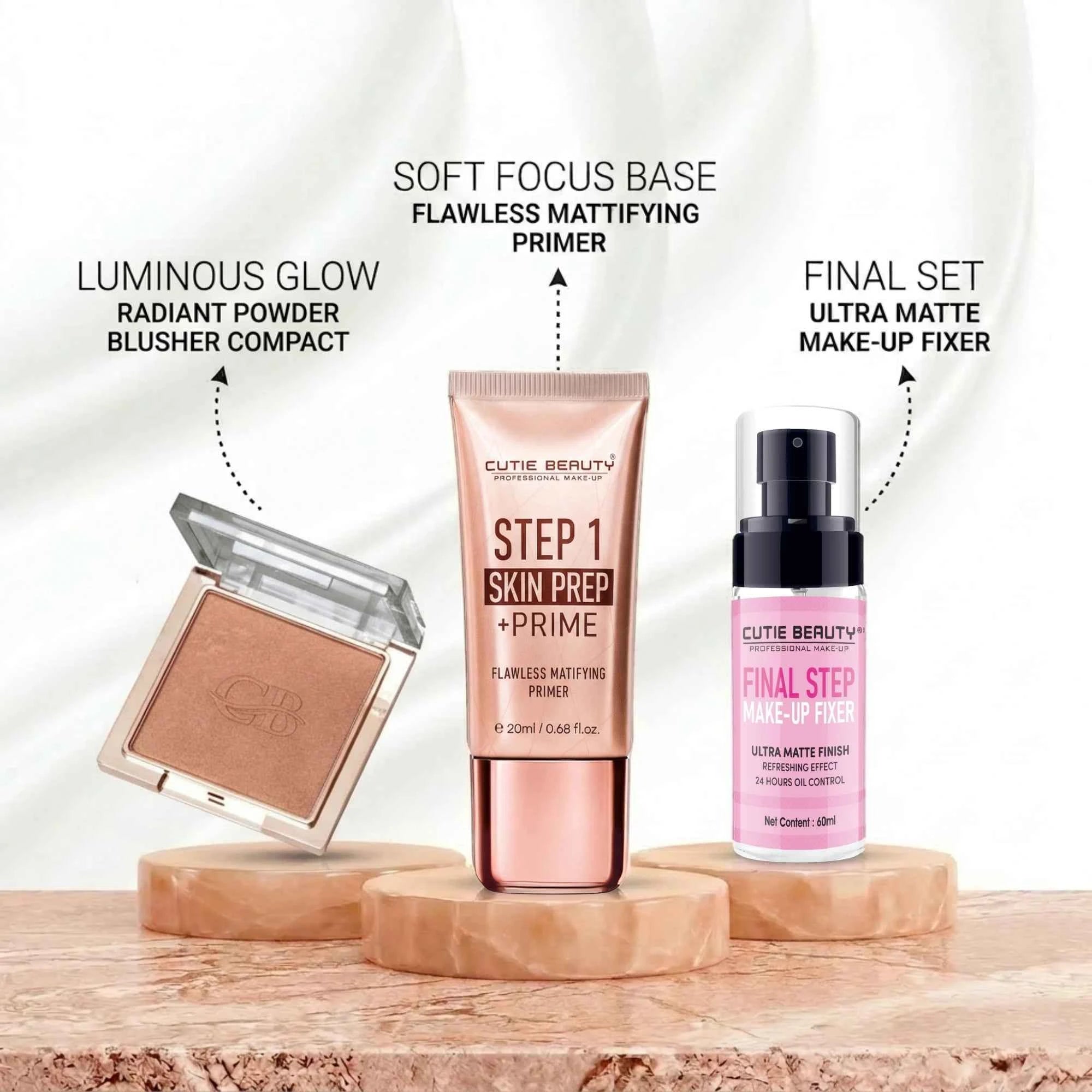 Powder Blusher, Primer & Makeup Fixer Combo - Professional Glow Makeup Kit (Pack of 3)