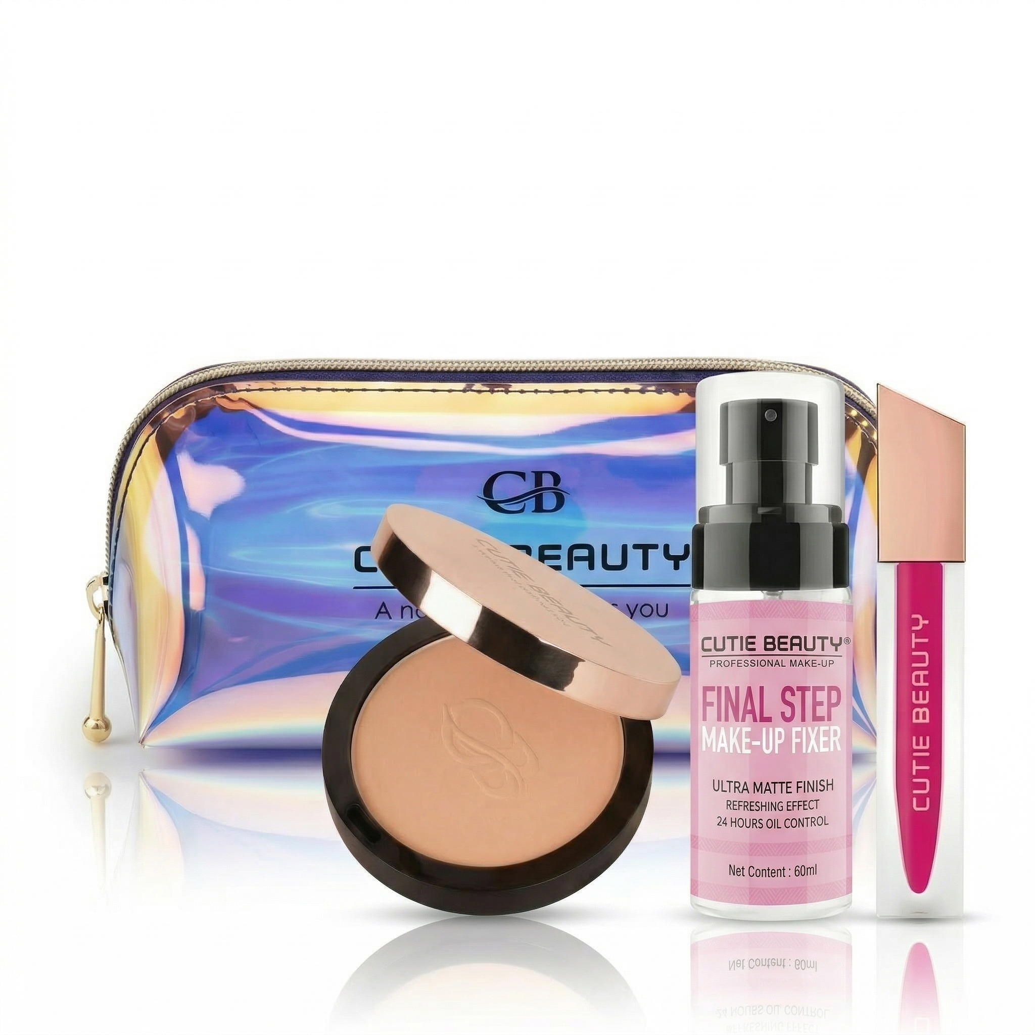 Cutie Beauty Makeup Kit - Compact Powder + Makeup Fixer + Lip Color with FREE Holographic Pouch