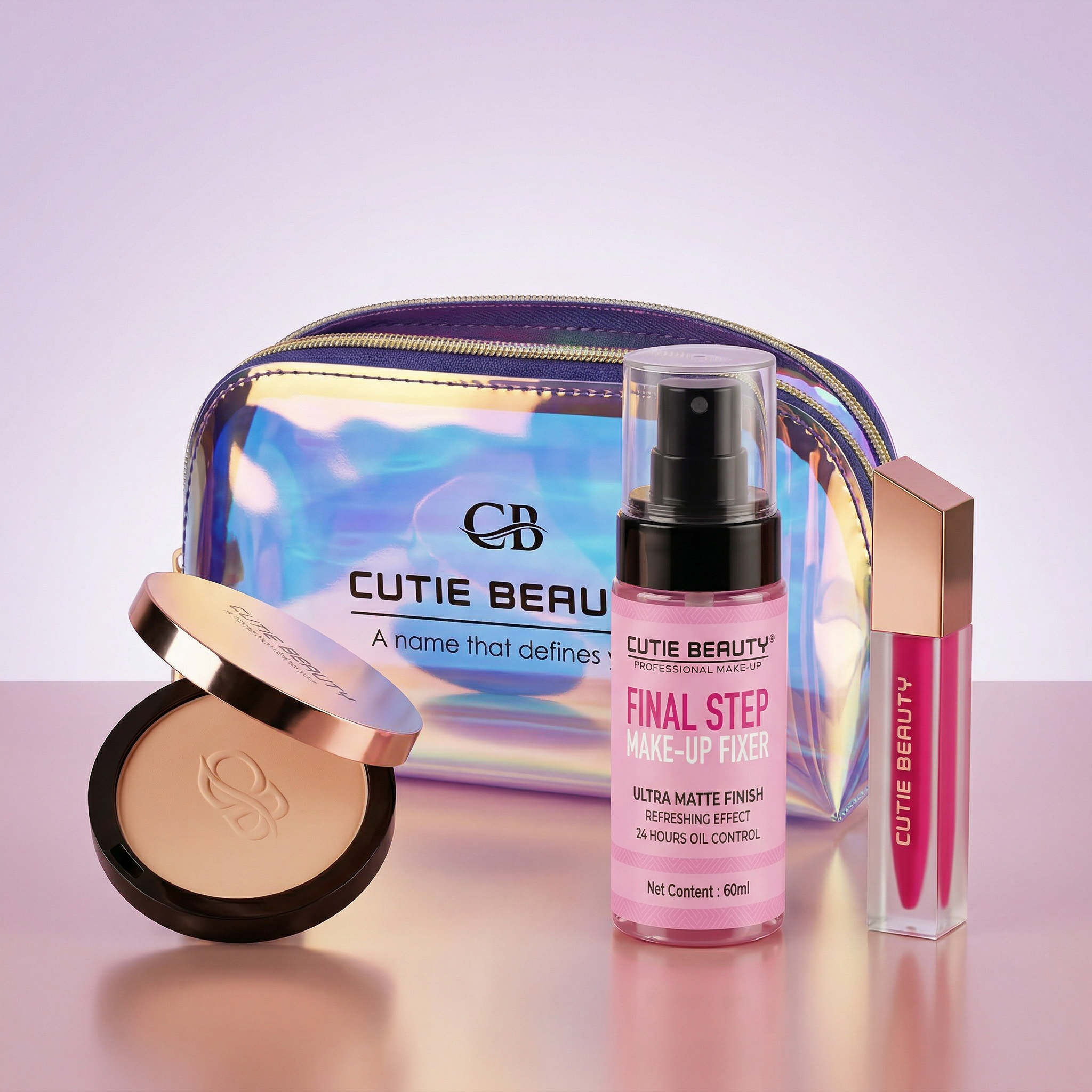 Cutie Beauty Makeup Kit - Compact Powder + Makeup Fixer + Lip Color with FREE Holographic Pouch