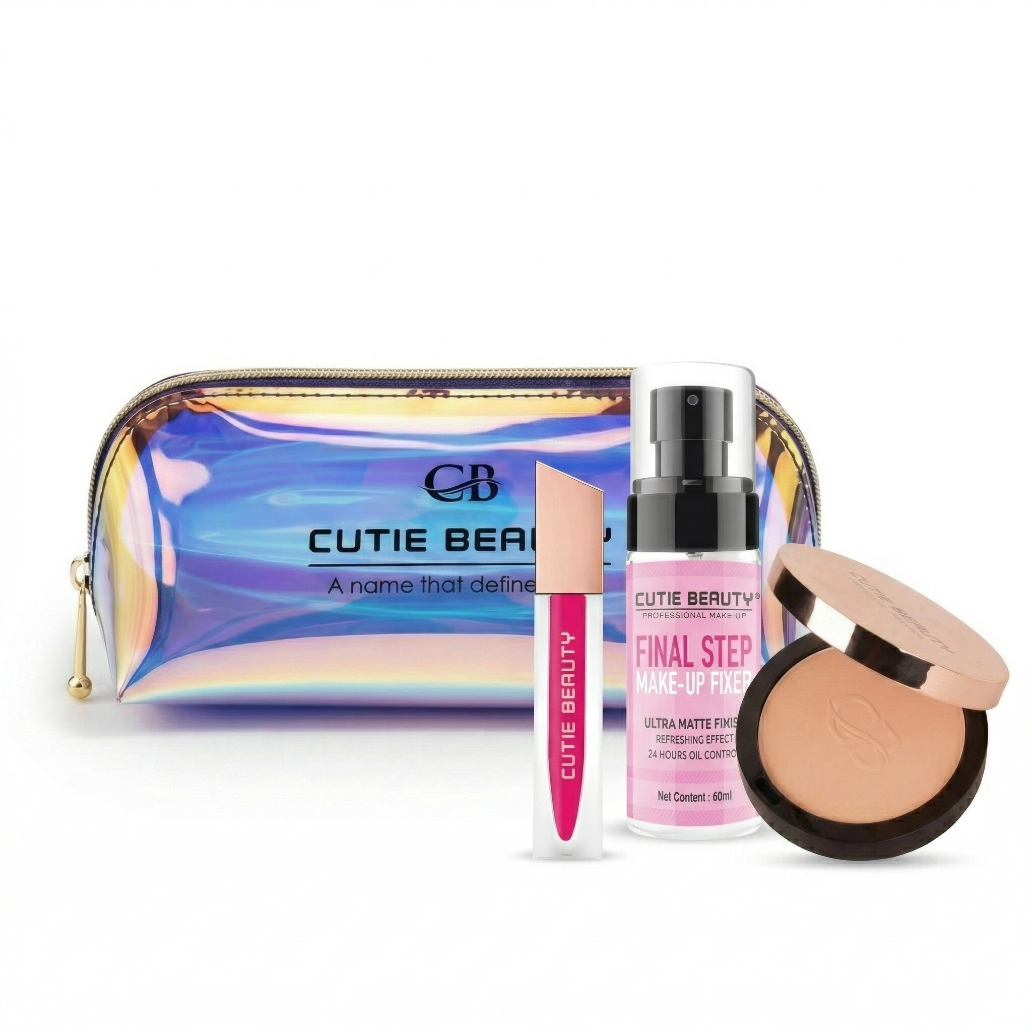 Cutie Beauty Makeup Kit - Compact Powder + Makeup Fixer + Lip Color with FREE Holographic Pouch