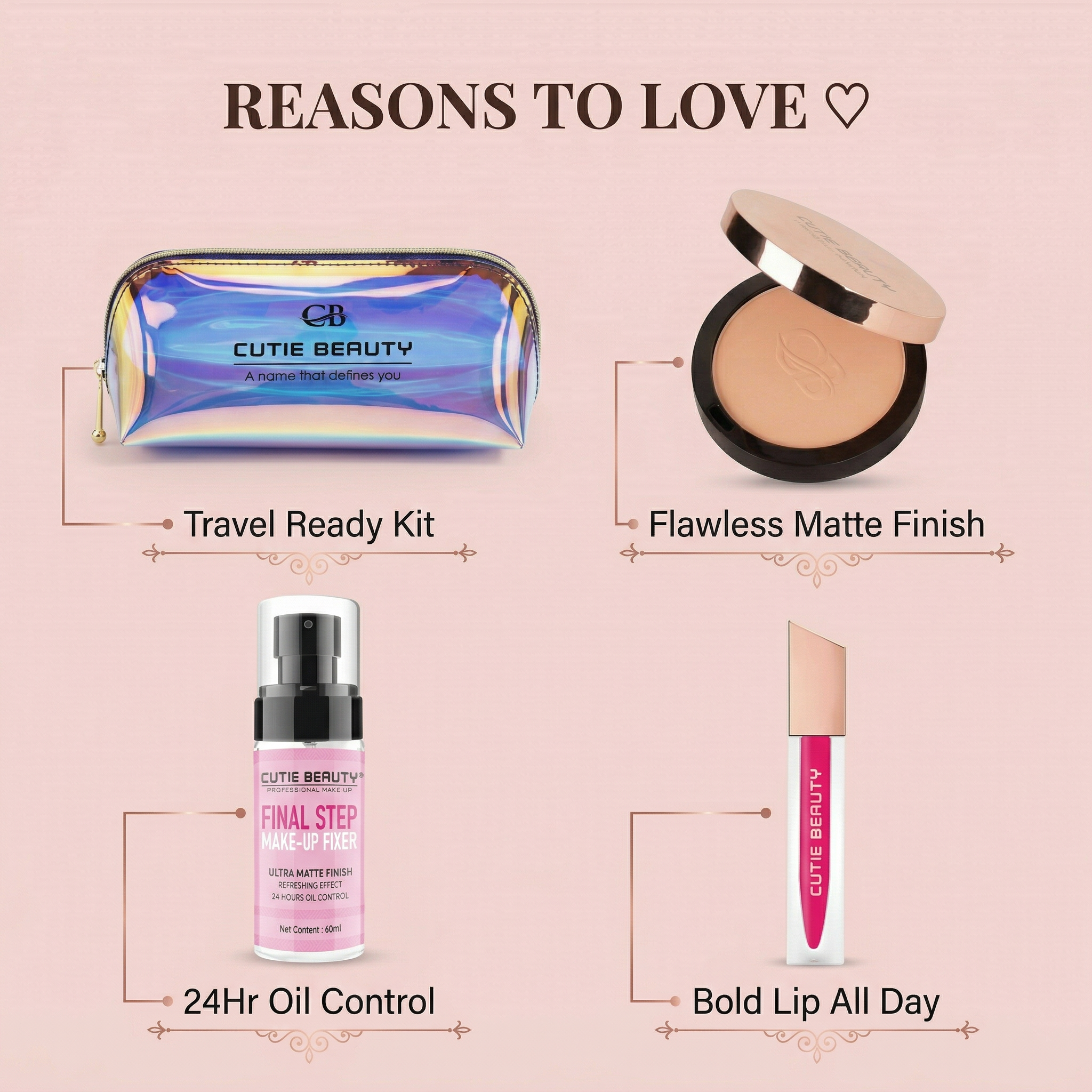 Cutie Beauty Makeup Kit - Compact Powder + Makeup Fixer + Lip Color with FREE Holographic Pouch