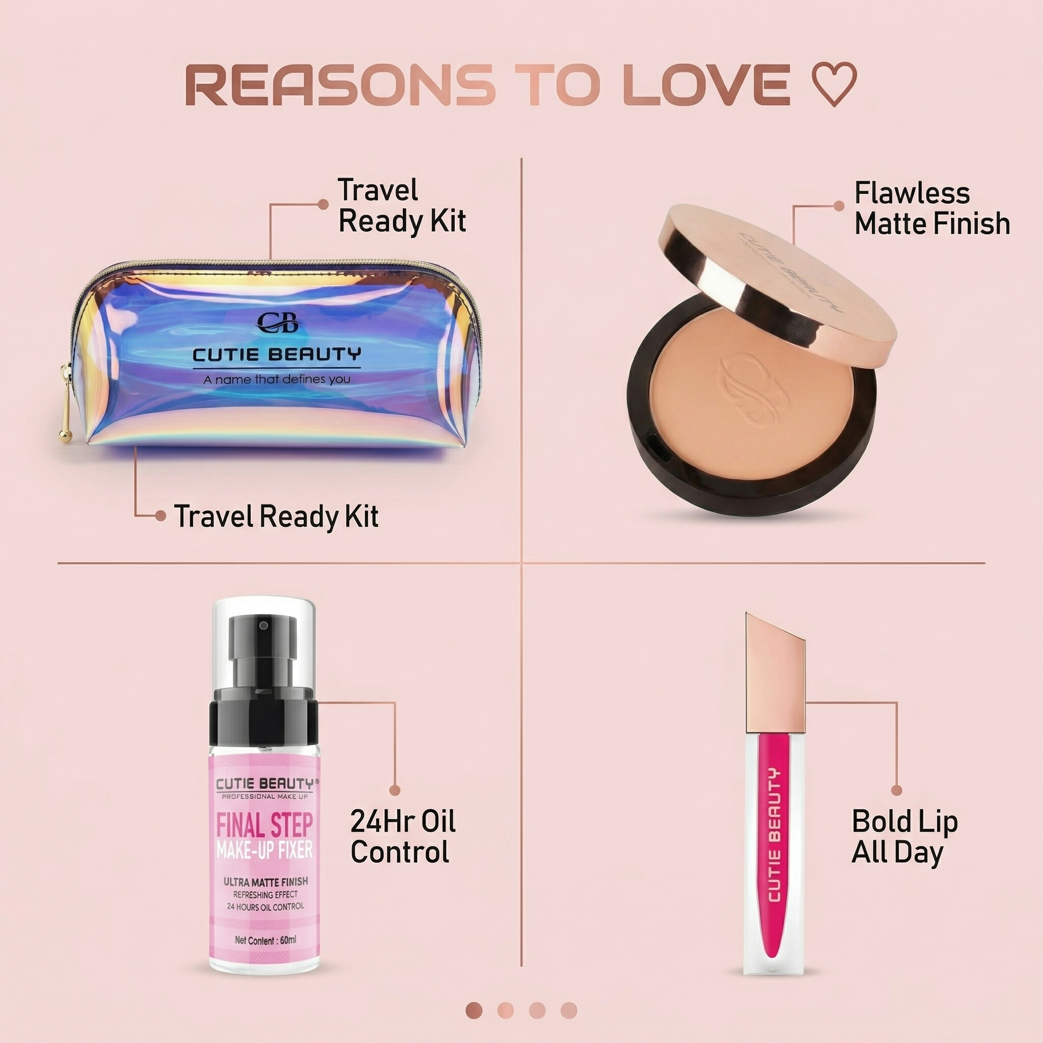 Cutie Beauty Makeup Kit - Compact Powder + Makeup Fixer + Lip Color with FREE Holographic Pouch