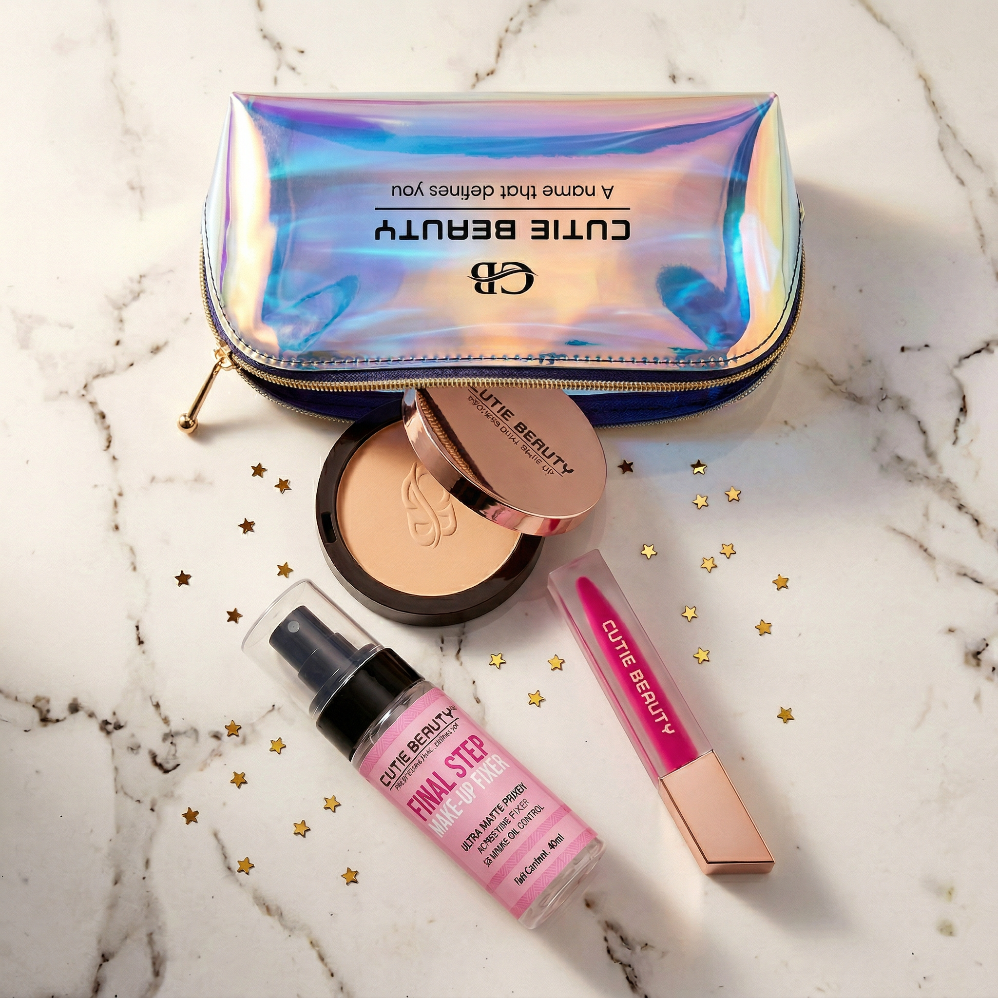 Cutie Beauty Makeup Kit - Compact Powder + Makeup Fixer + Lip Color with FREE Holographic Pouch