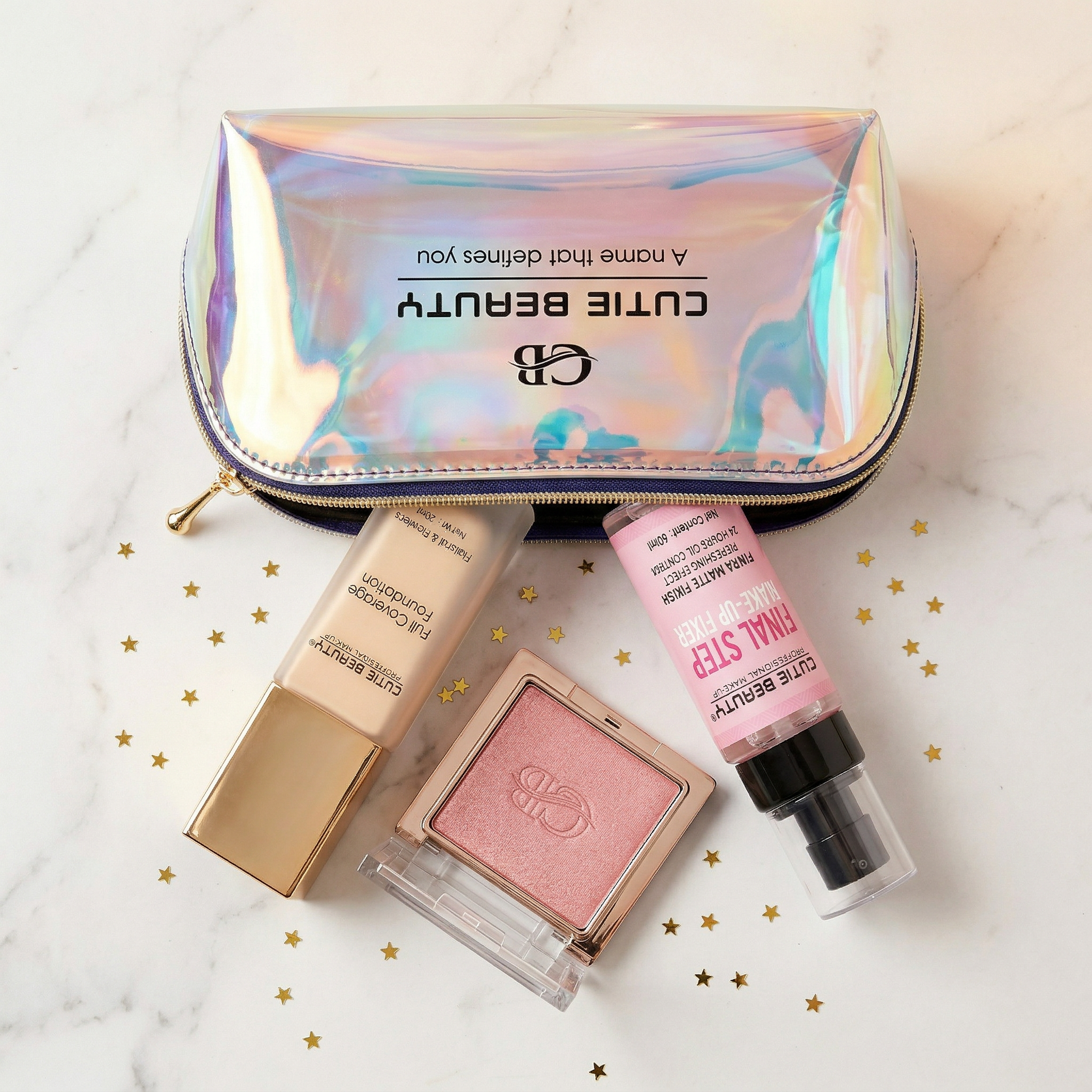 Cutie Beauty Full Coverage Foundation, Blush & Fixer Spray Combo with Free Holographic Pouch