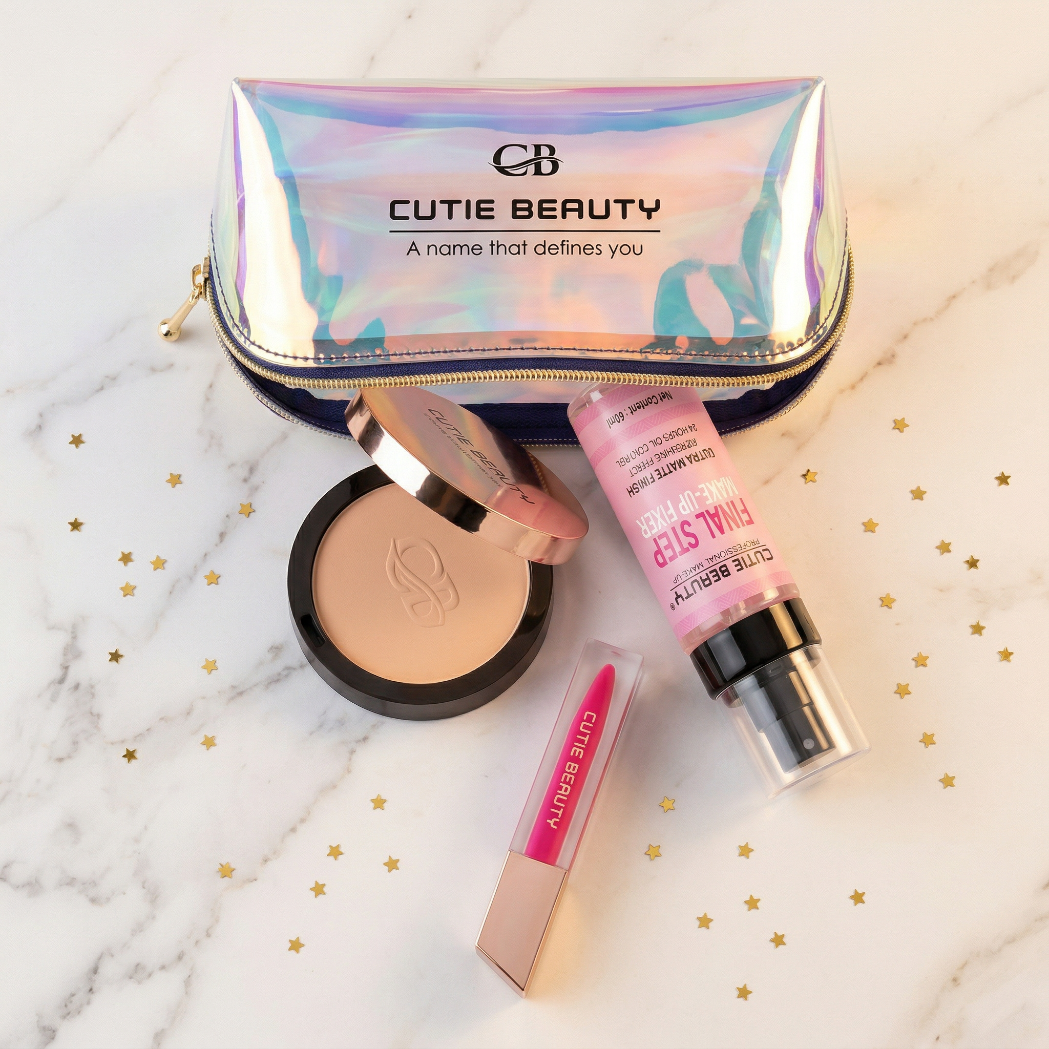 Cutie Beauty Makeup Kit - Compact Powder + Makeup Fixer + Lip Color with FREE Holographic Pouch