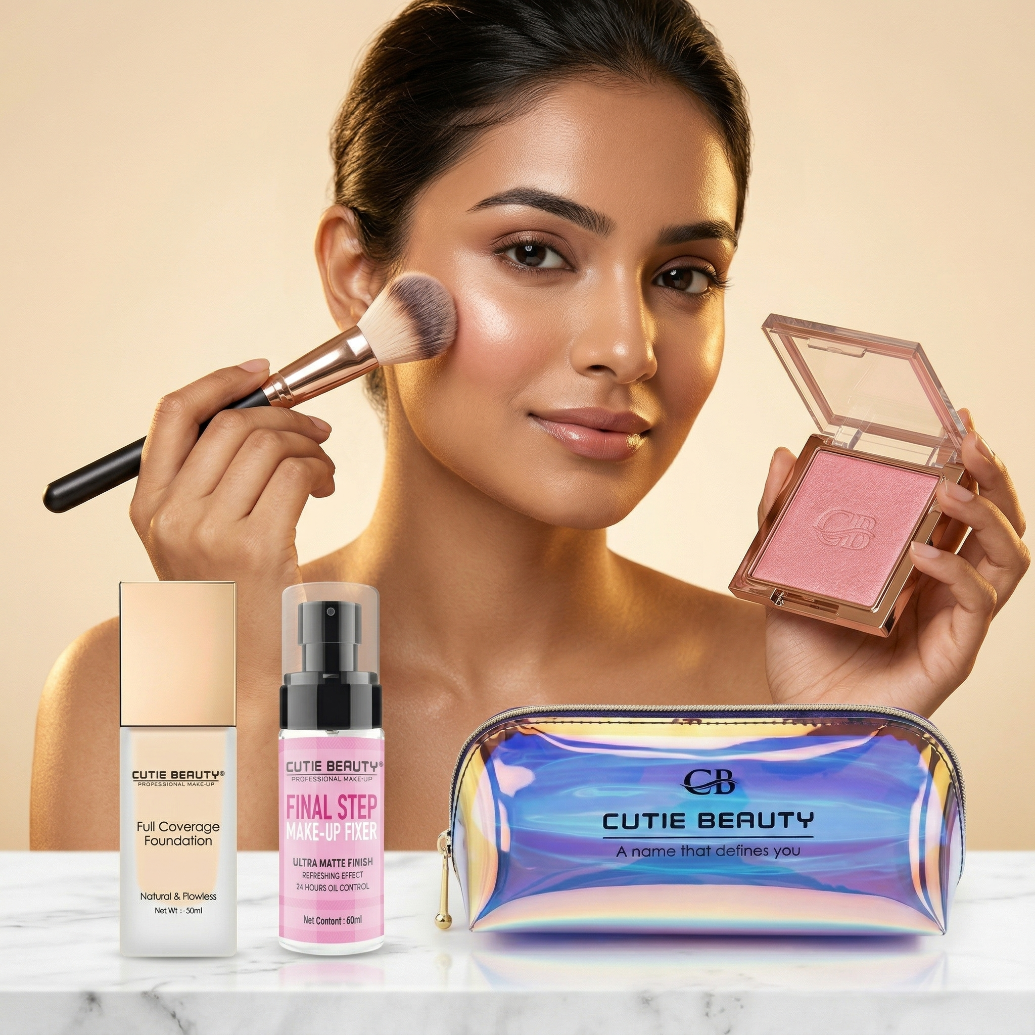 Cutie Beauty Full Coverage Foundation, Blush & Fixer Spray Combo with Free Holographic Pouch