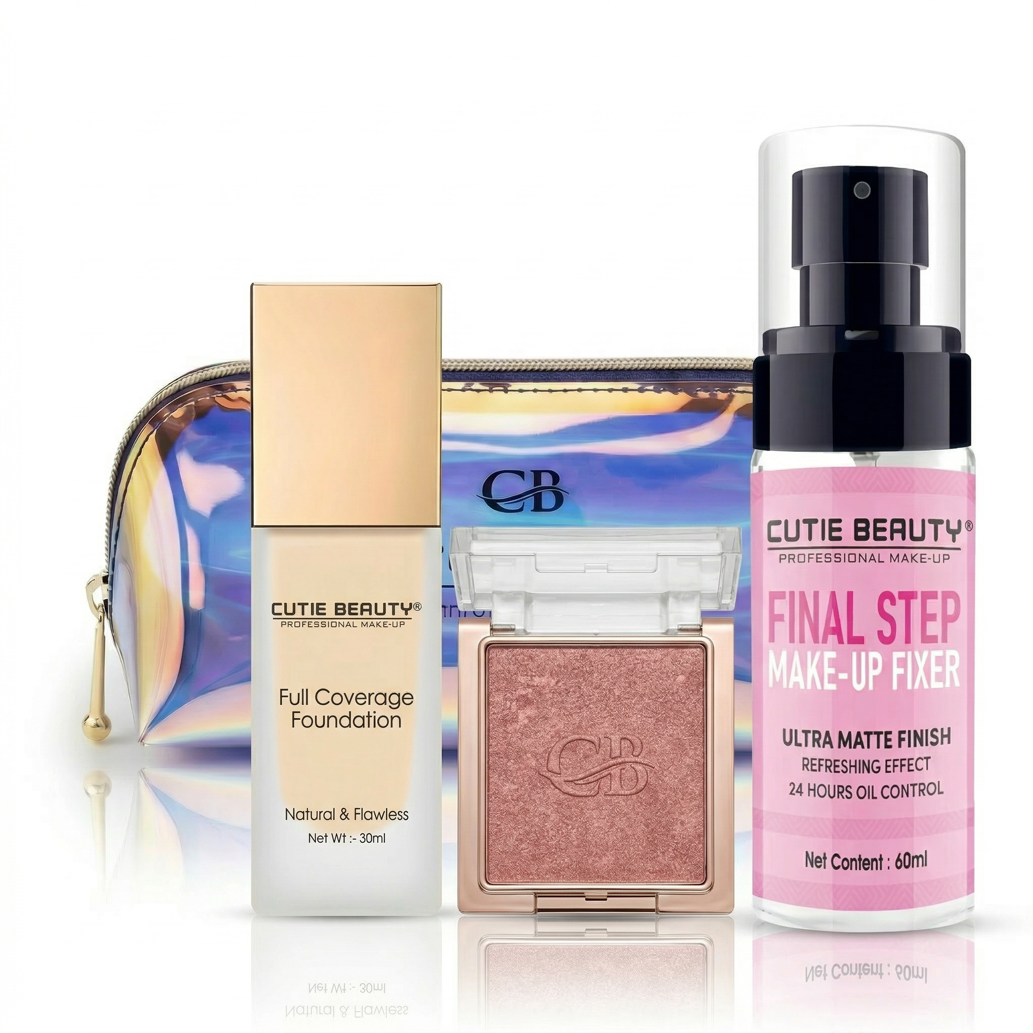 Cutie Beauty Full Coverage Foundation, Blush & Fixer Spray Combo with Free Holographic Pouch