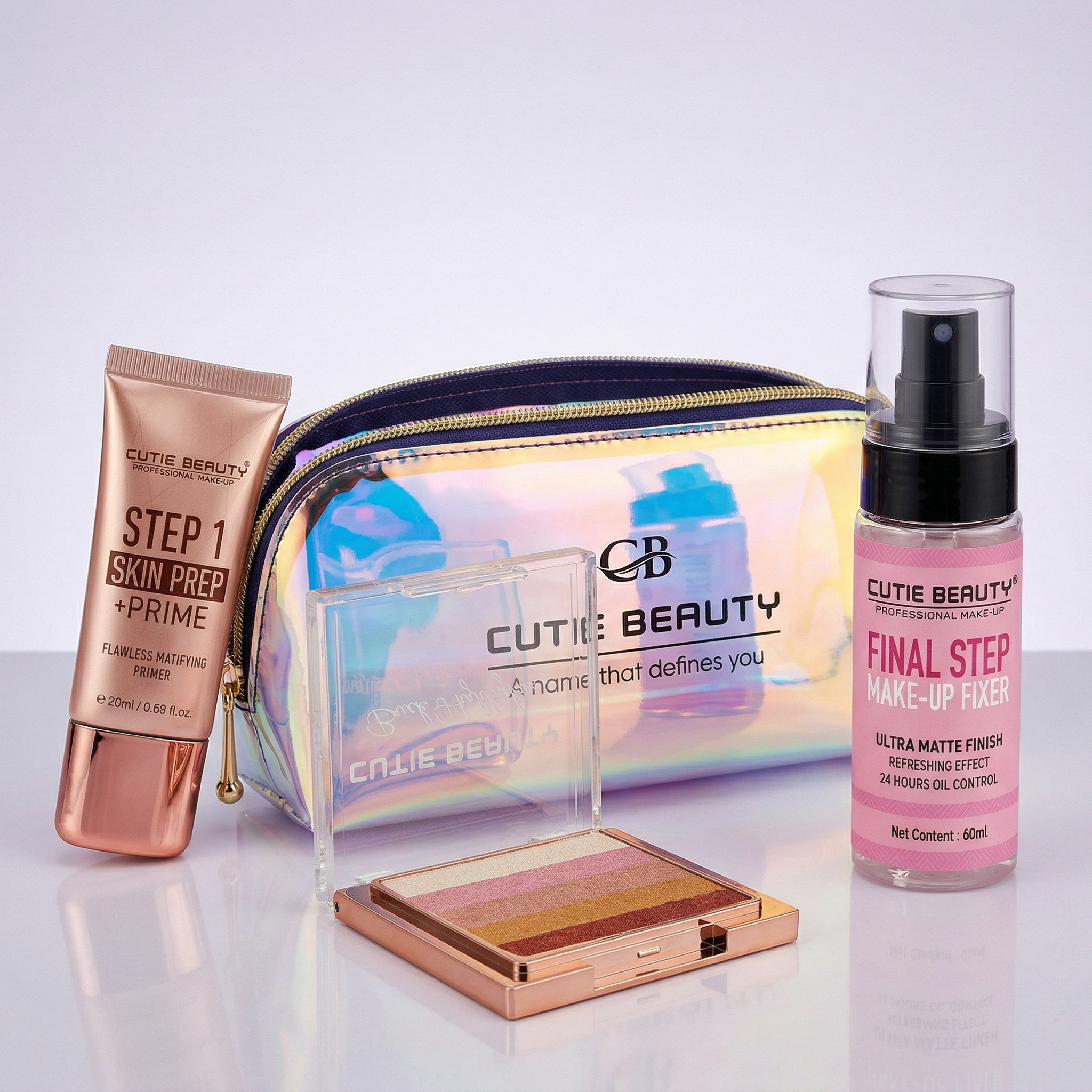 Cutie Beauty Makeup Combo - Primer + Highlighter + Makeup Fixer (Free Pouch)
