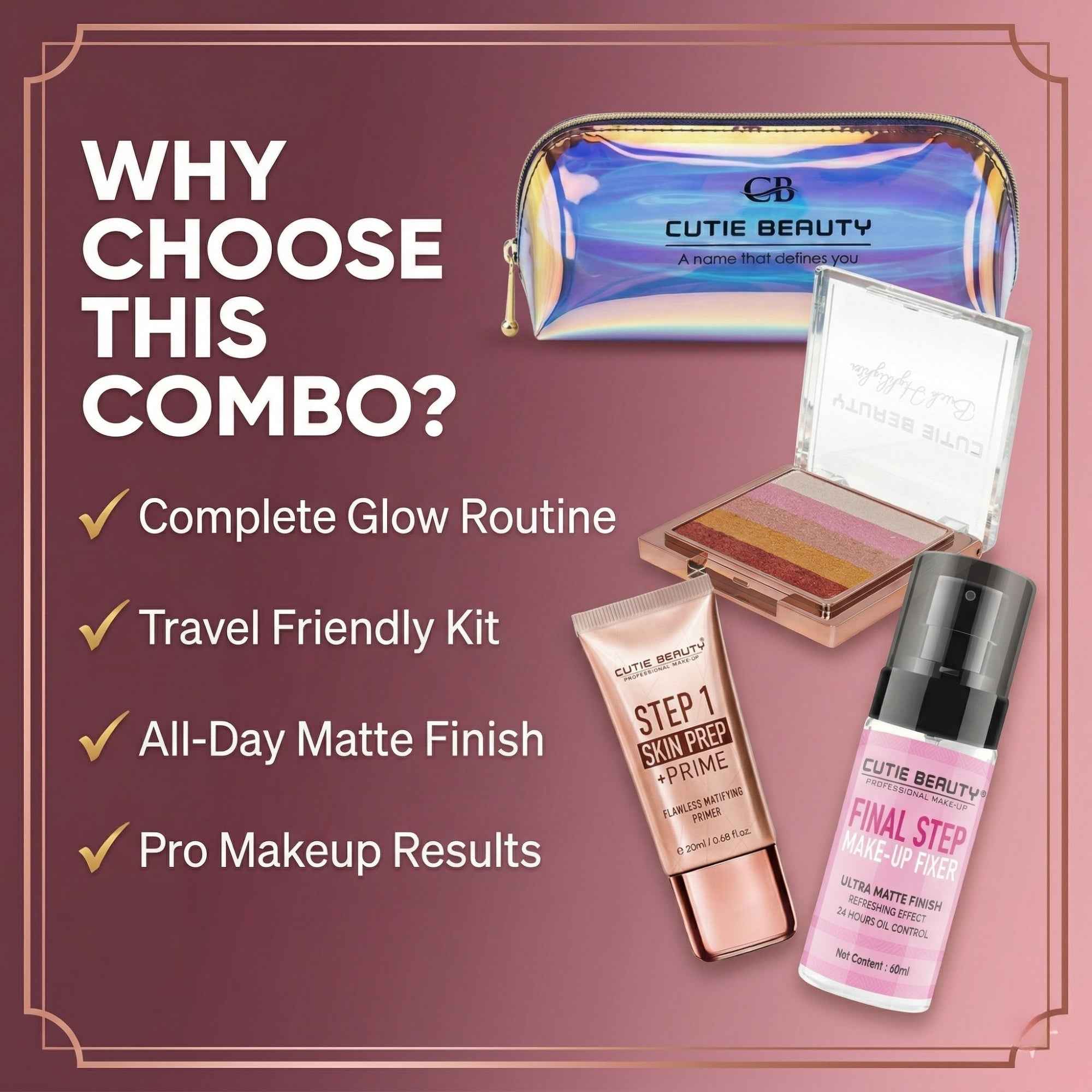 Cutie Beauty Makeup Combo - Primer + Highlighter + Makeup Fixer (Free Pouch)